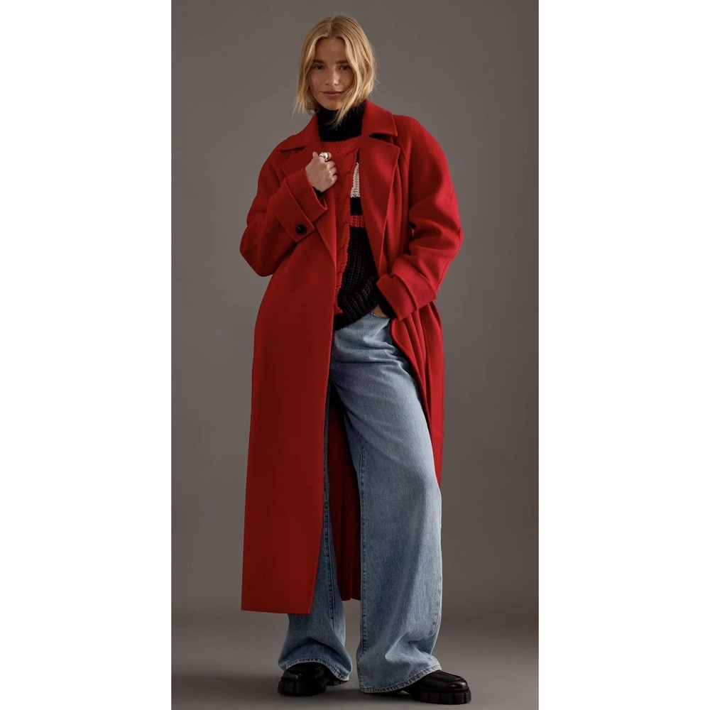 Anthropologie Coat Womens‎ 10 Red Wool Blend Belted Wrap Long Maxi Trench